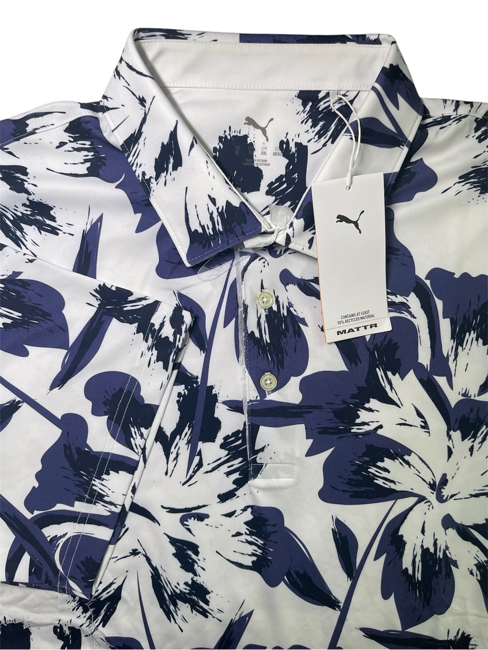 NWT Puma Mattr Men Broken Flower Golf Polo 628828 02 White Glow Blue Crystal XL